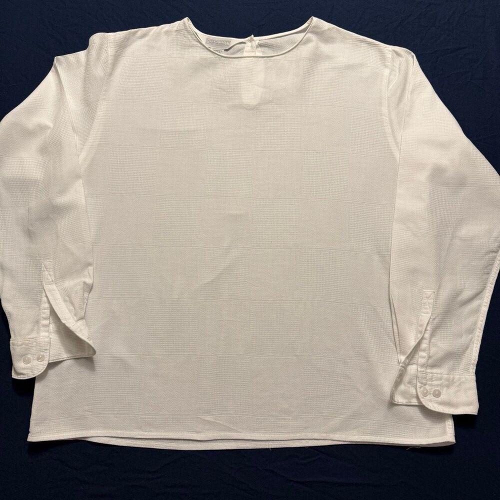 Lands’ End Woven Cotton Blouse | White Textured Shirt | Back Button | Size 14